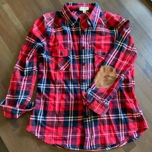 Plaid shirt with patch elbows